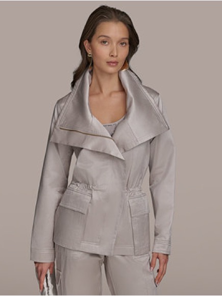 Donna Karan Champagne Satin Zip Front, Draped-Collar Trench Jacket